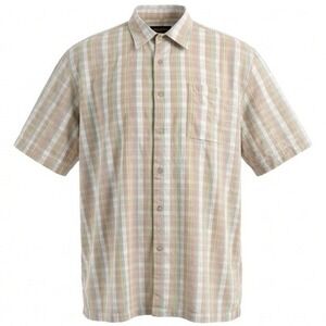 Kenpo Button Down Shirt Mens Large Tan Multi Color Plaid Cotton Short Sleeve
